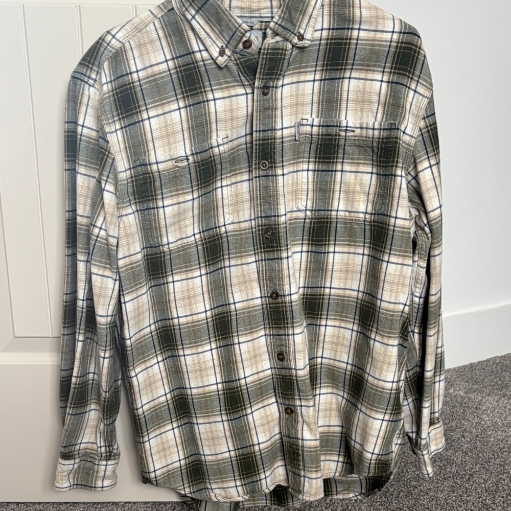 Carhartt Men's Beige and Green Plaid Shirt